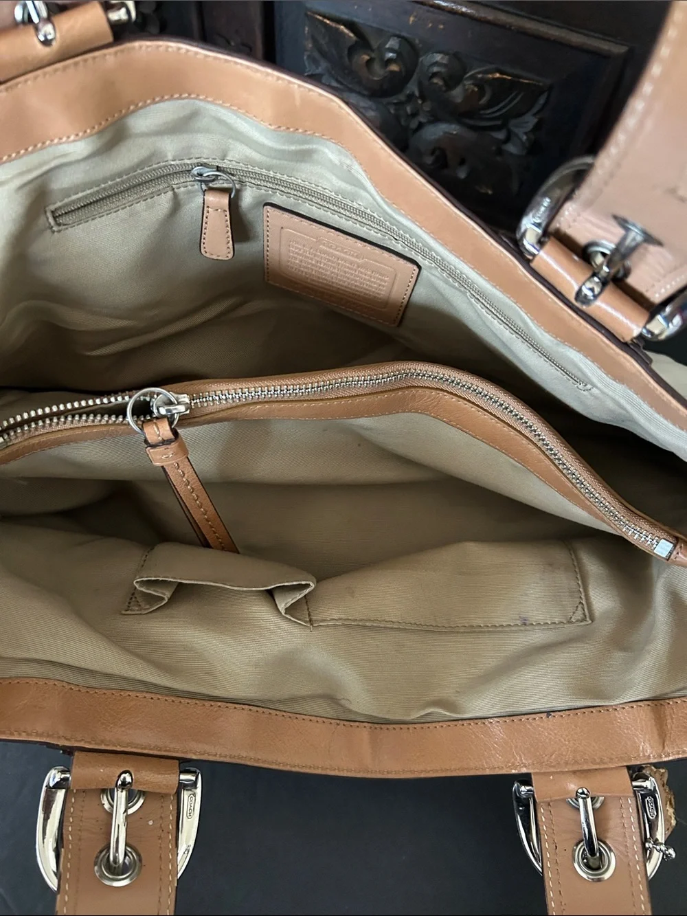 Coach Cream Canvas Shoulder Bag with Tan Leather Trim